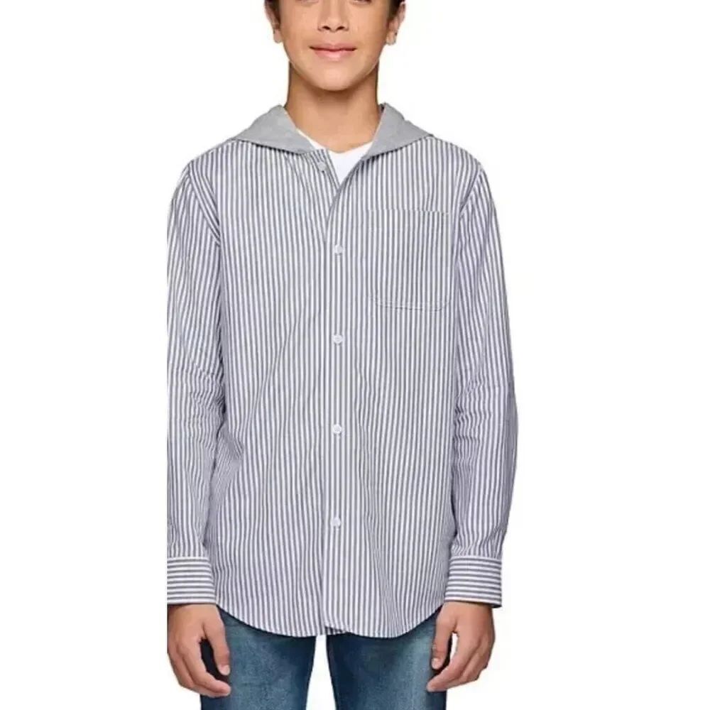 Lucky Brand Boys Hooded Woven Striped Shirt Size Xl 14/16 Grey Button Front NWT